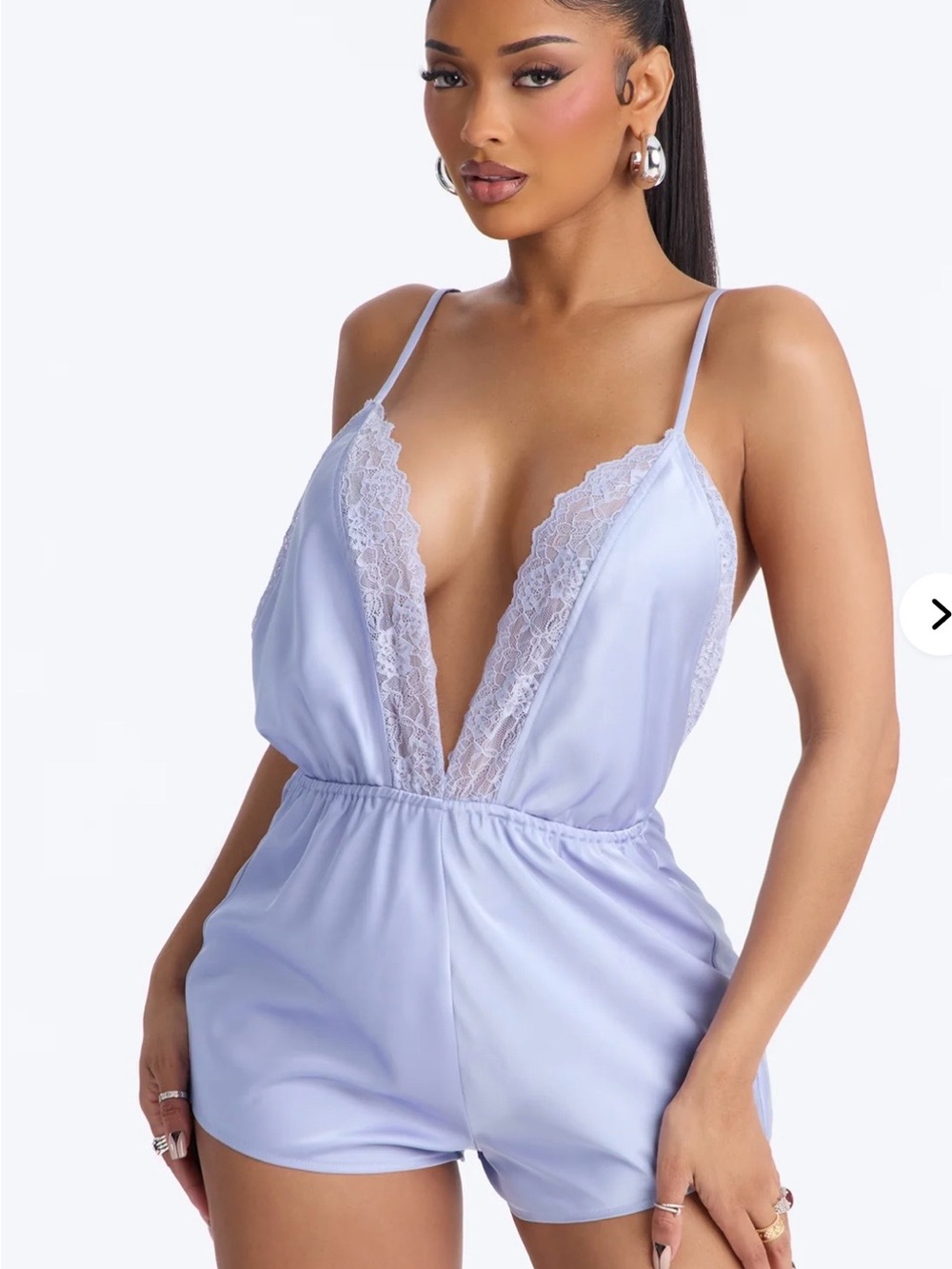 Fashion Nova Satin Lace-Trim Romper in Light Lavender